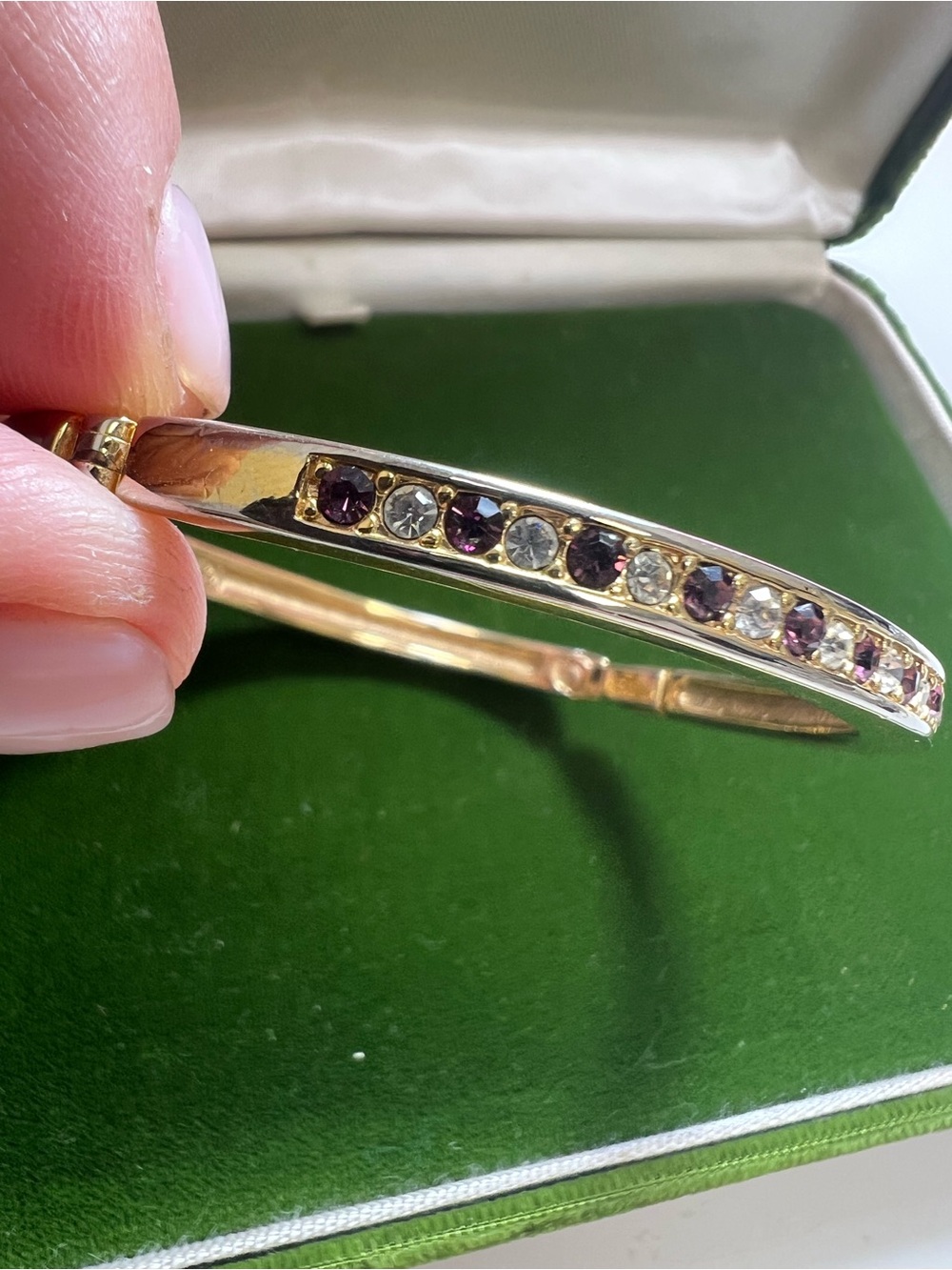 Vintage SAL SWAROVSKI Gold Tone Bangle Bracelet with Purple and Clear Stones